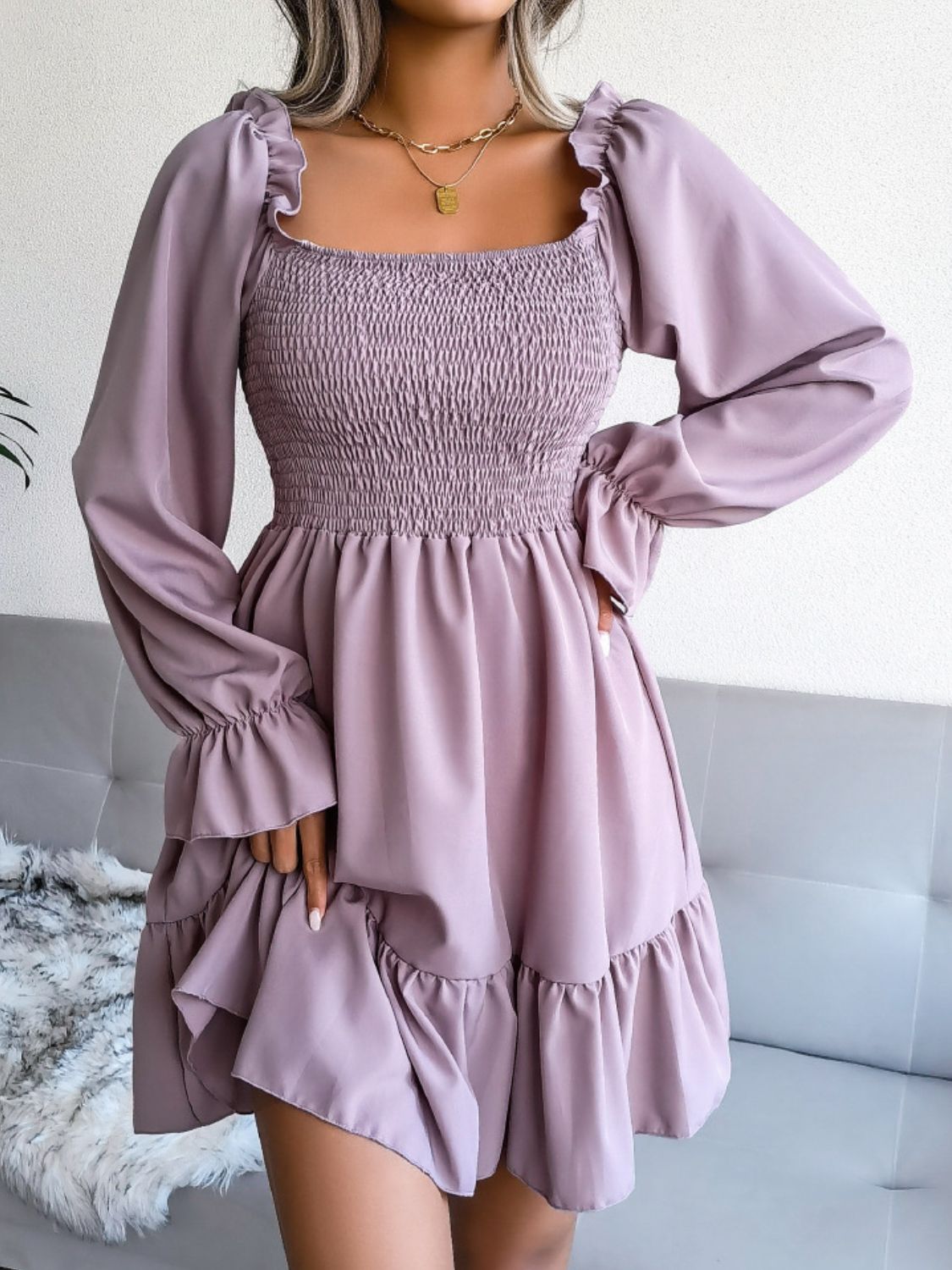 Smocked Flounce Sleeve Square Neck Dress - The Downtown Dachshund