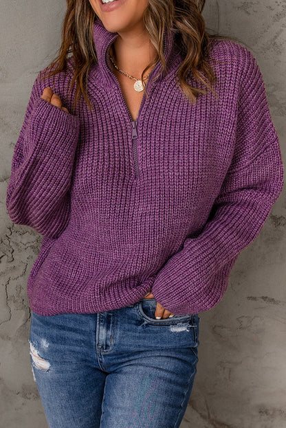 Half Zip Rib-Knit Dropped Shoulder Sweater - The Downtown Dachshund