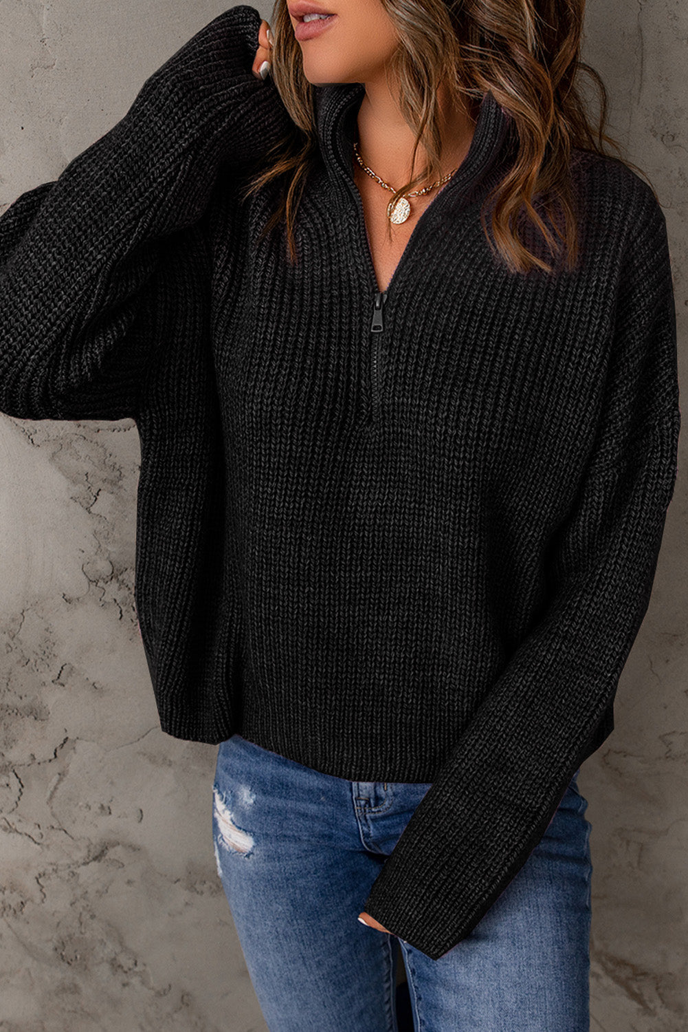 Half Zip Rib-Knit Dropped Shoulder Sweater - The Downtown Dachshund