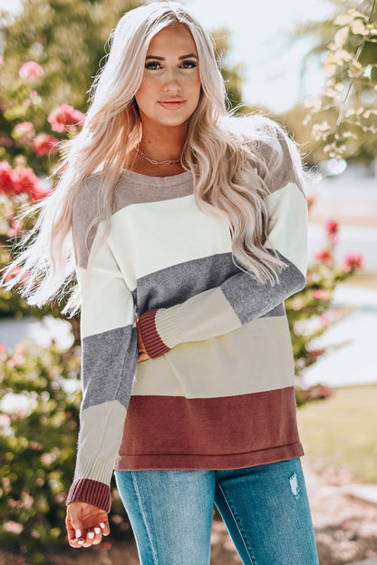 Color Block Drop Shoulder Round Neck Sweater - The Downtown Dachshund