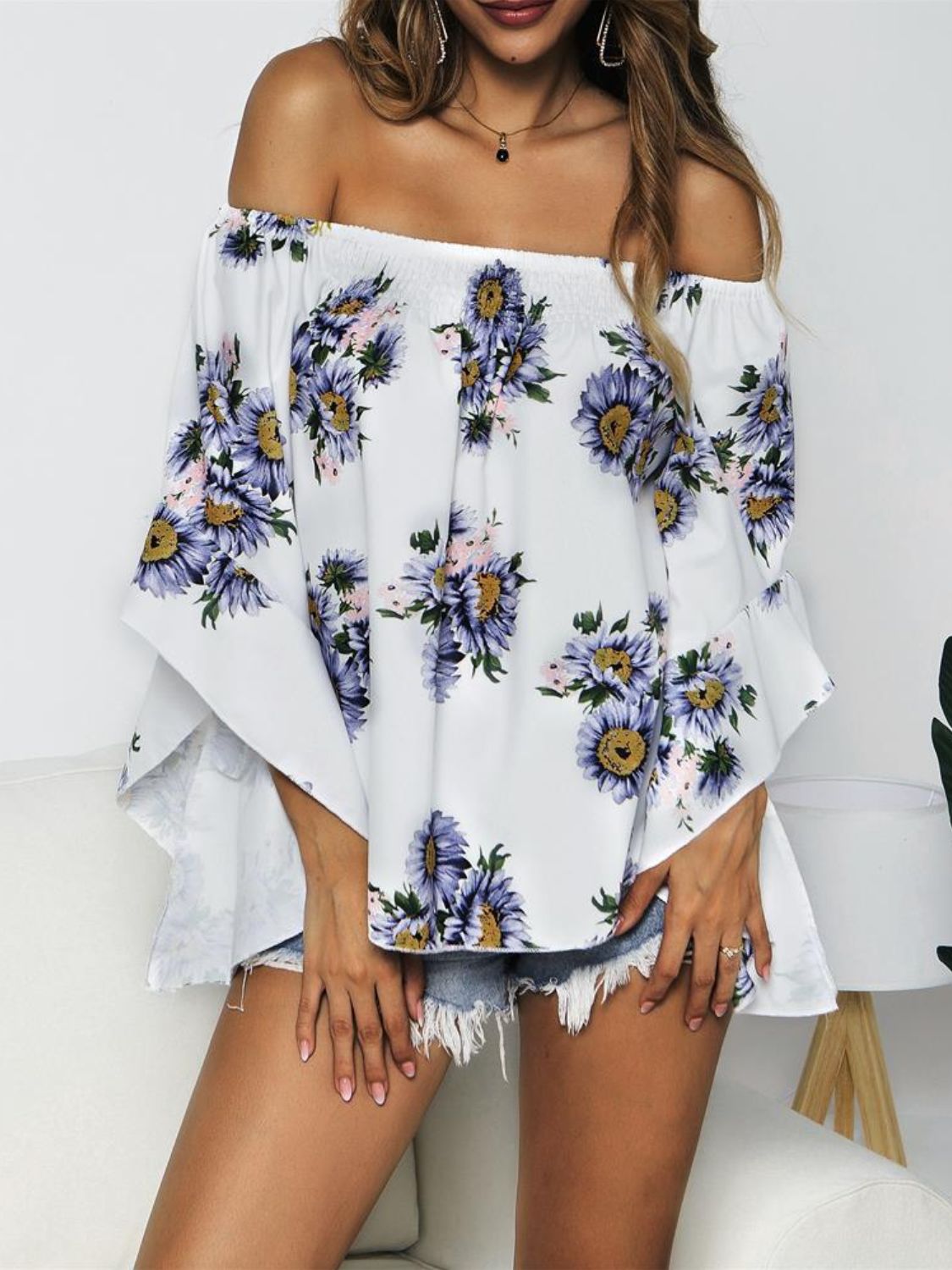 Floral Print Off-Shoulder Flounce Sleeve Blouse - The Downtown Dachshund