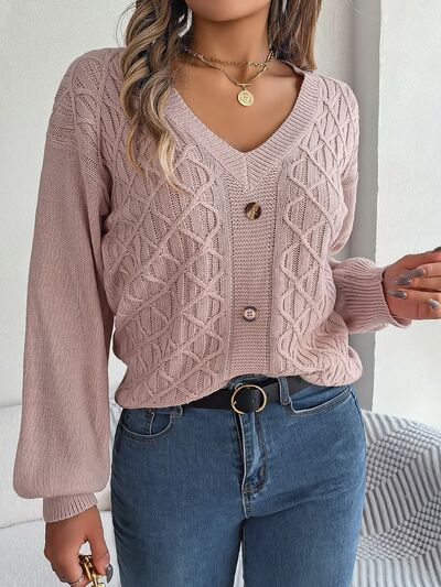 Cable-Knit V-Neck Lantern Sleeve Sweater