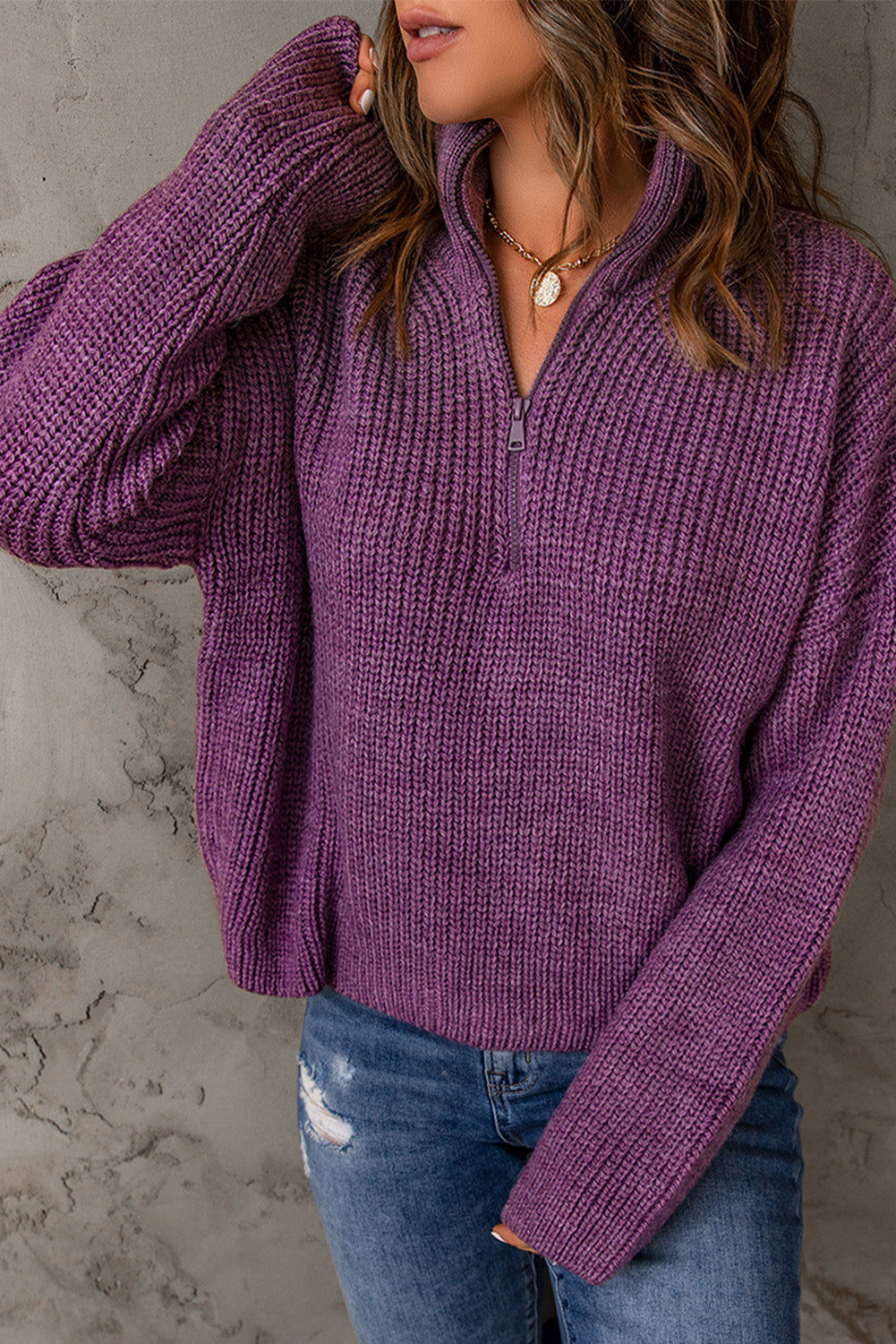 Half Zip Rib-Knit Dropped Shoulder Sweater - The Downtown Dachshund