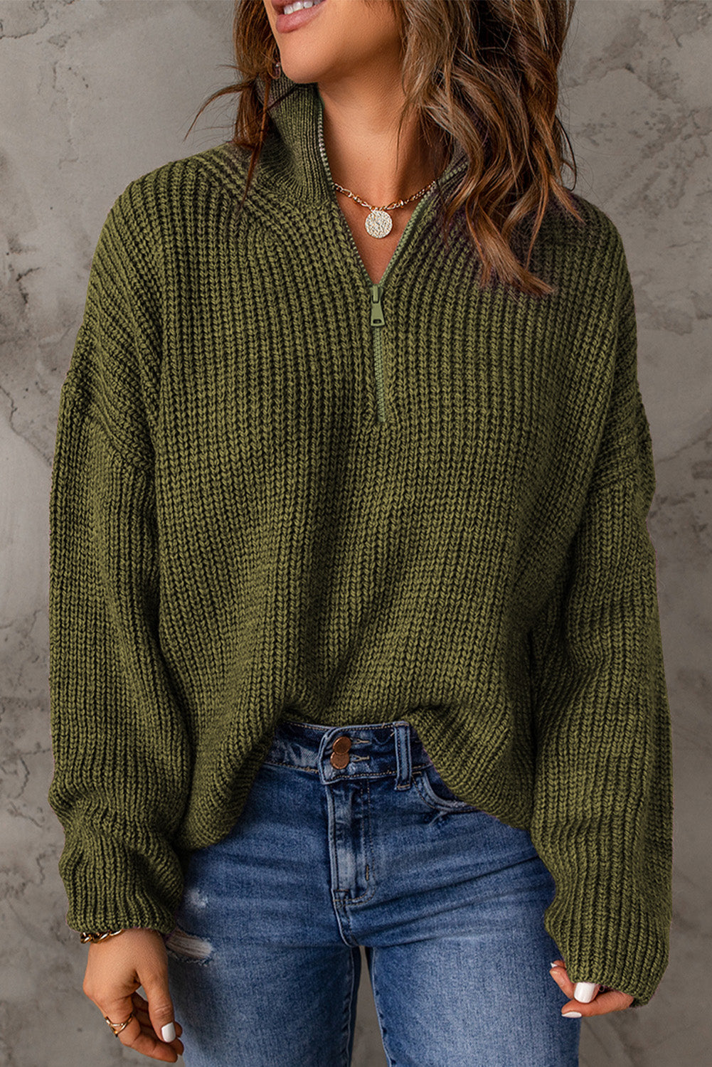 Half Zip Rib-Knit Dropped Shoulder Sweater - The Downtown Dachshund