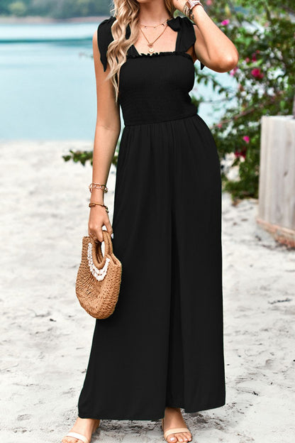 Frill Trim Tie Shoulder Wide Leg Jumpsuit with Pockets - The Downtown Dachshund