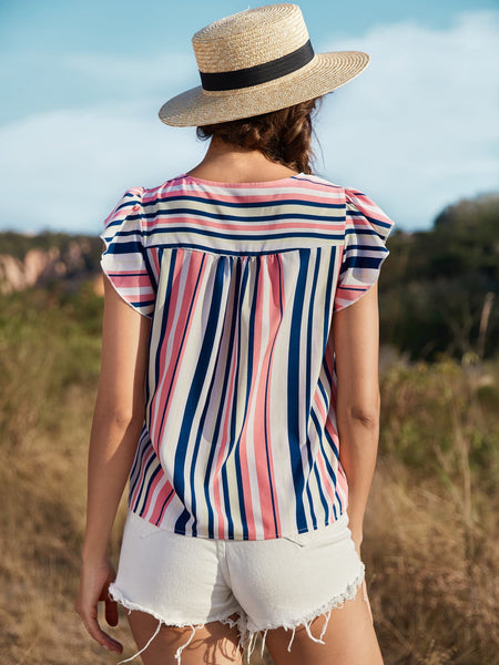 Striped Flutter Sleeve Tied Blouse - The Downtown Dachshund