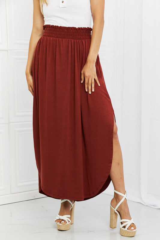 Zenana It's My Time Full Size Side Scoop Scrunch Skirt in Dark Rust - The Downtown Dachshund