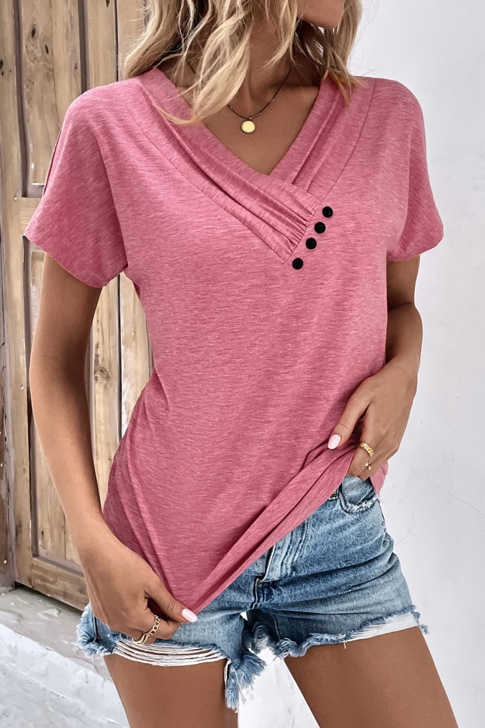 Decorative Button V-Neck Short Sleeve Tee - The Downtown Dachshund