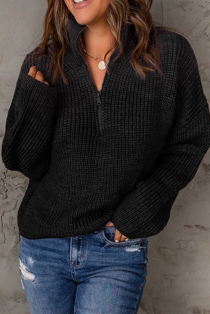 Half Zip Rib-Knit Dropped Shoulder Sweater - The Downtown Dachshund