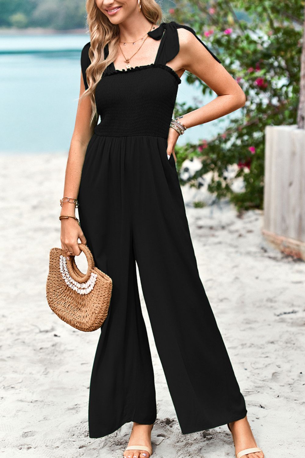 Frill Trim Tie Shoulder Wide Leg Jumpsuit with Pockets - The Downtown Dachshund