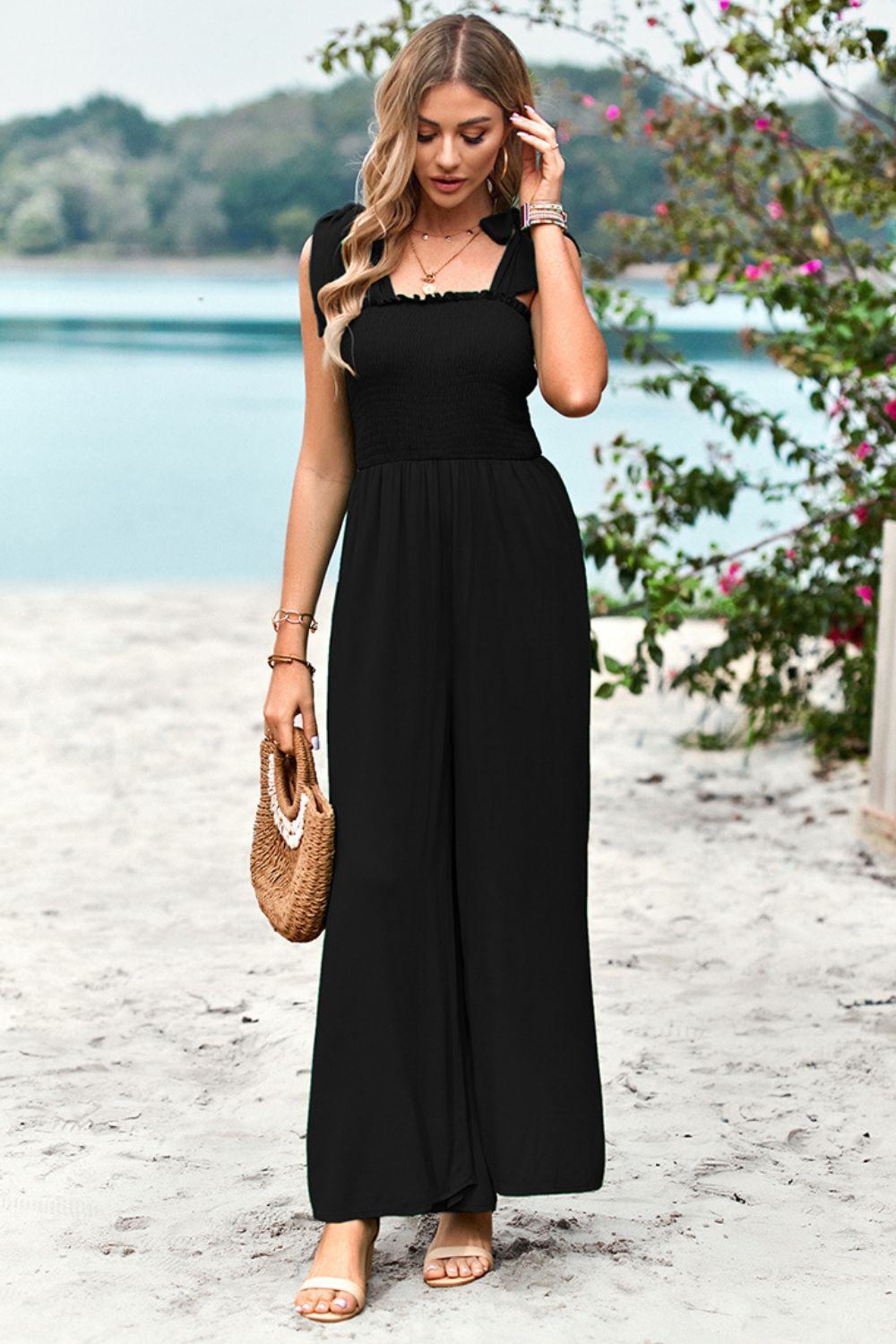 Frill Trim Tie Shoulder Wide Leg Jumpsuit with Pockets - The Downtown Dachshund