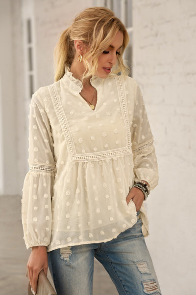Swiss Dot Frilled Notched Neck Blouse - The Downtown Dachshund