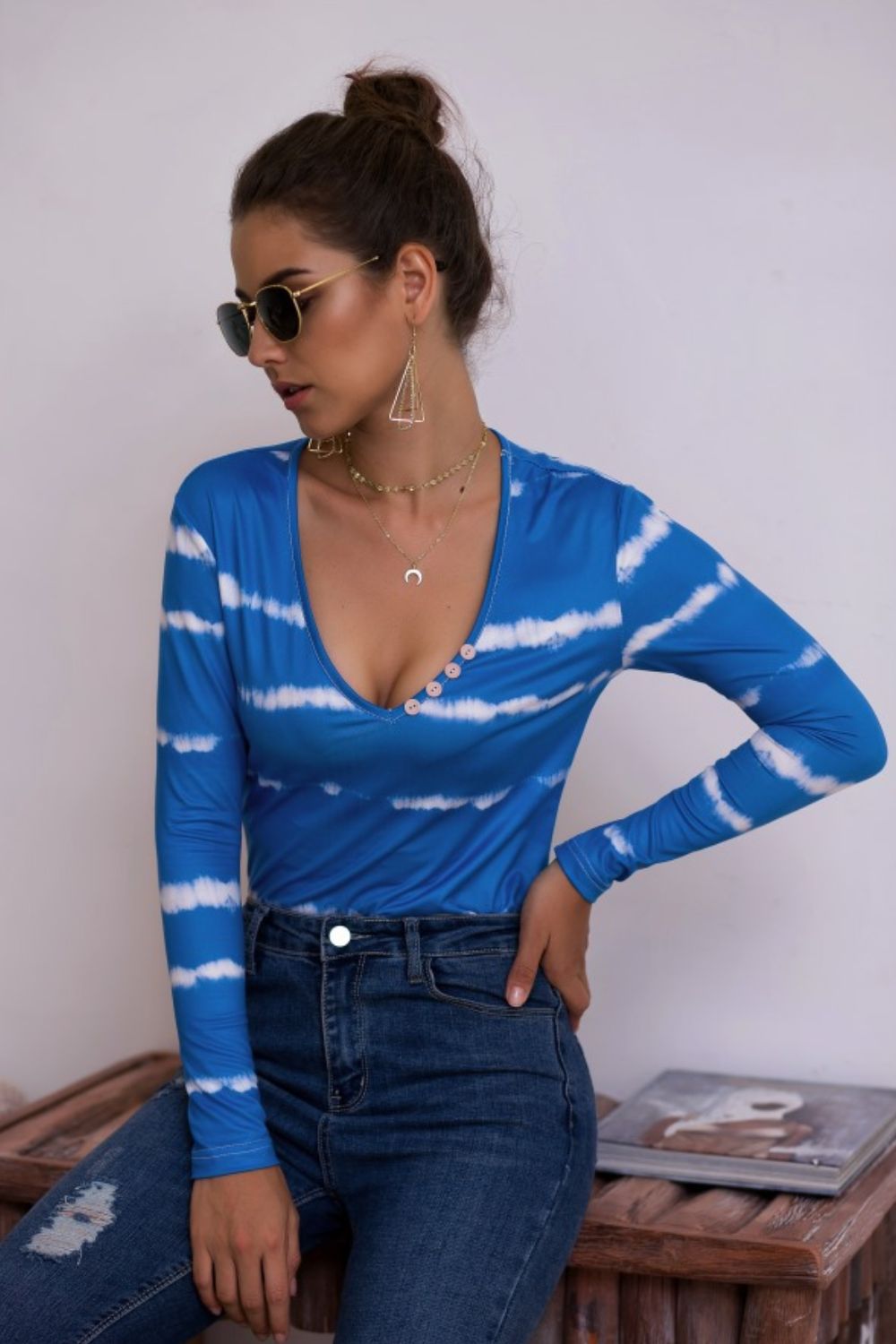 Tie-Dye Plunge Long Sleeve Top - The Downtown Dachshund