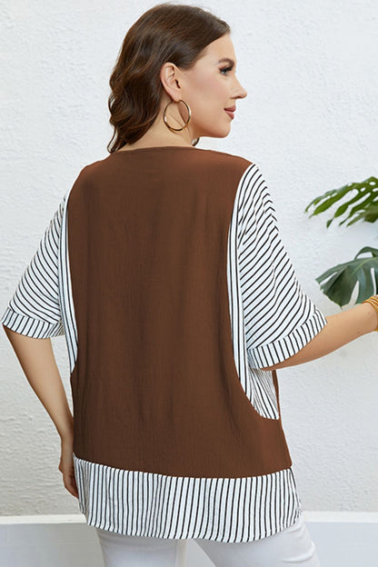 Plus Size Striped Round Neck Half Sleeve Top - The Downtown Dachshund