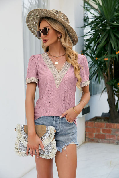 Contrast V-Neck Puff Sleeve Top - The Downtown Dachshund