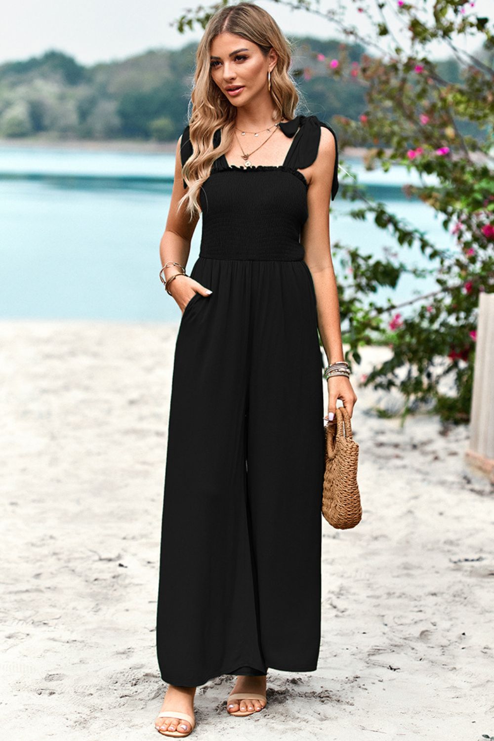 Frill Trim Tie Shoulder Wide Leg Jumpsuit with Pockets - The Downtown Dachshund