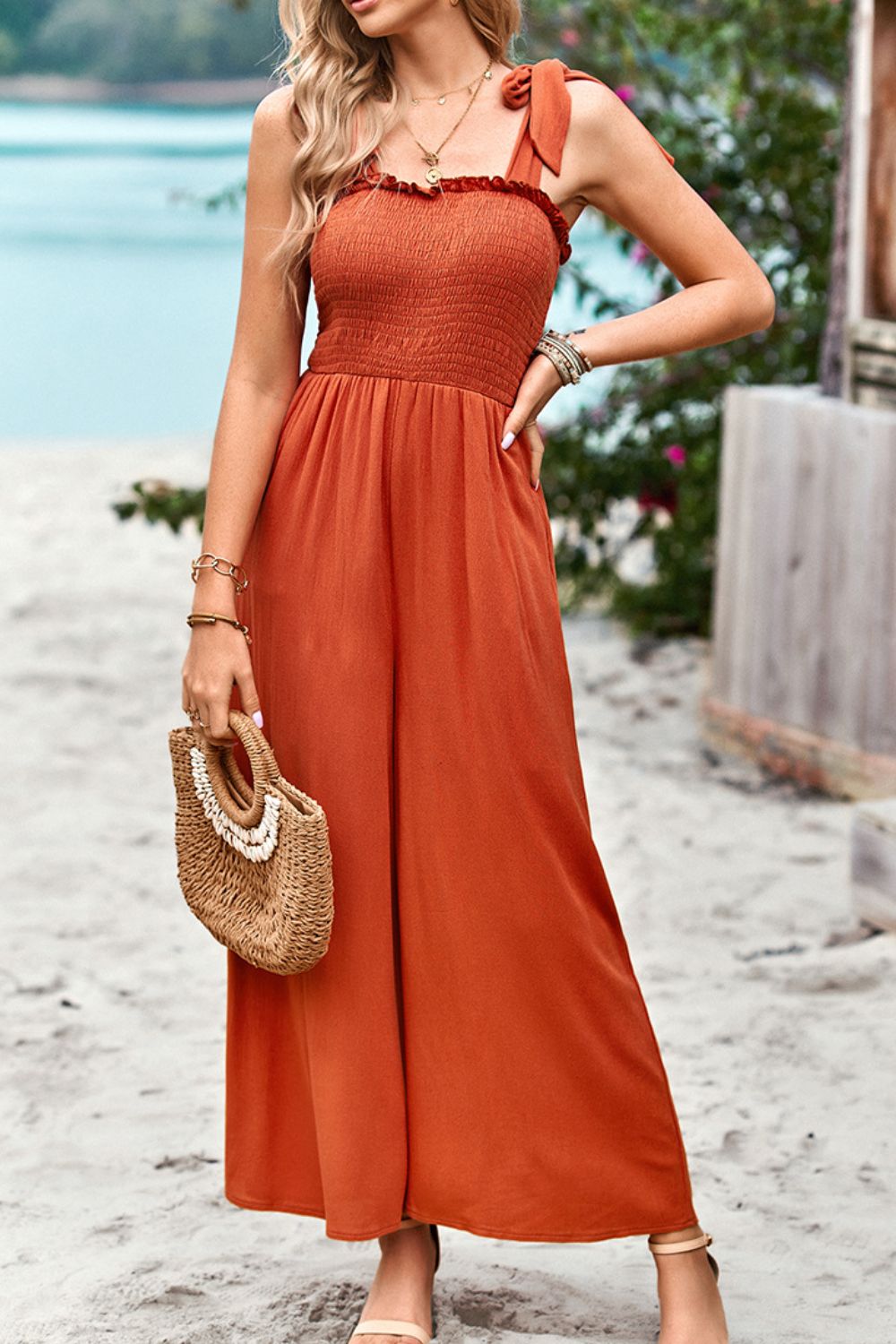 Frill Trim Tie Shoulder Wide Leg Jumpsuit with Pockets - The Downtown Dachshund