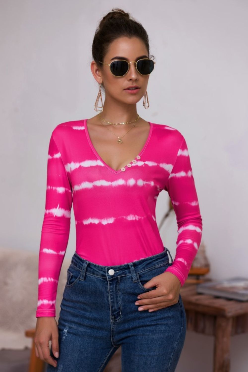 Tie-Dye Plunge Long Sleeve Top - The Downtown Dachshund