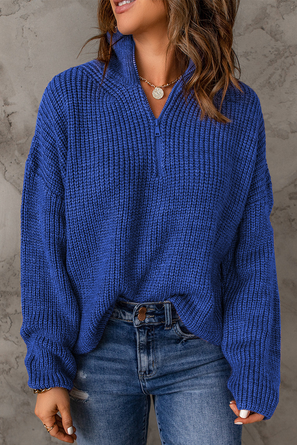 Half Zip Rib-Knit Dropped Shoulder Sweater - The Downtown Dachshund