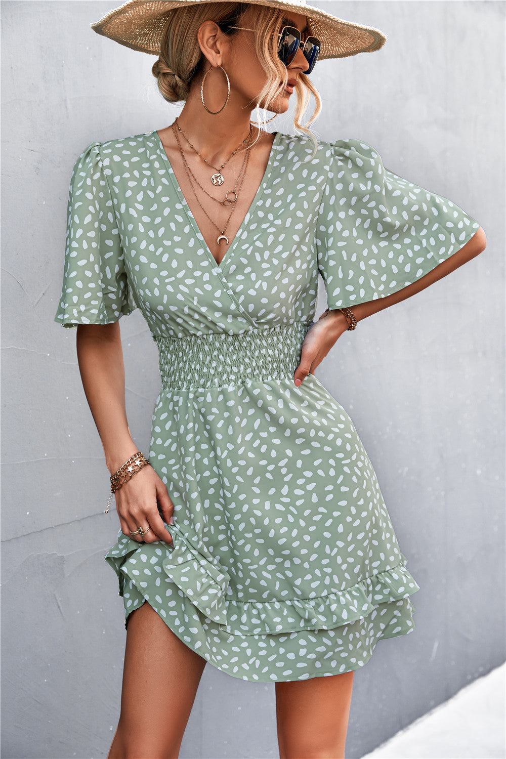 Printed Smocked Waist Layered Surplice Dress - The Downtown Dachshund