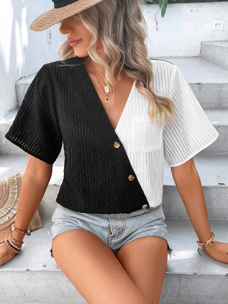 Two-Tone Buttoned Short Sleeve Top - The Downtown Dachshund