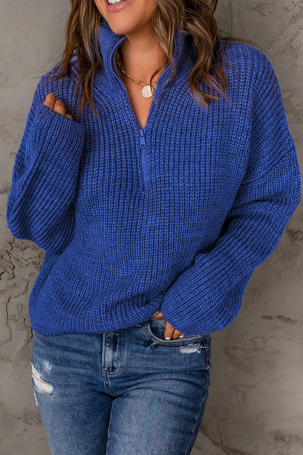 Half Zip Rib-Knit Dropped Shoulder Sweater - The Downtown Dachshund