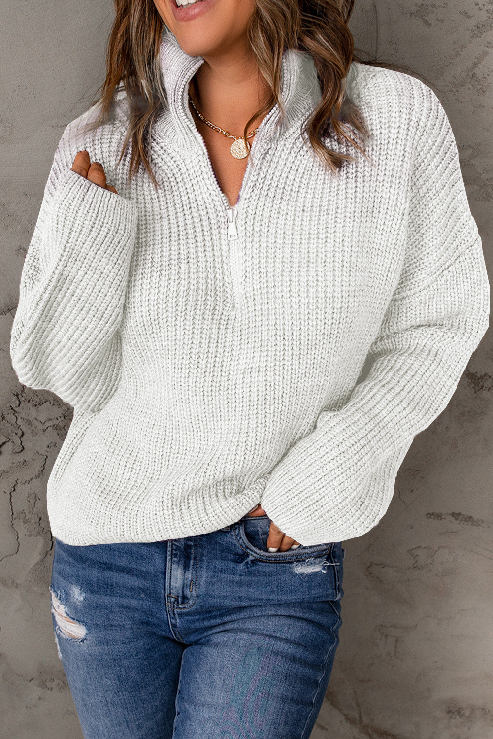 Half Zip Rib-Knit Dropped Shoulder Sweater - The Downtown Dachshund