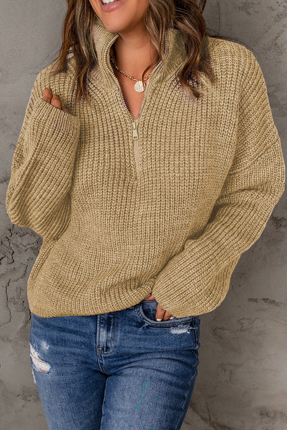 Half Zip Rib-Knit Dropped Shoulder Sweater - The Downtown Dachshund