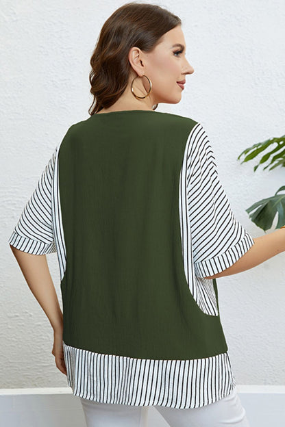 Plus Size Striped Round Neck Half Sleeve Top - The Downtown Dachshund