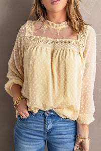 Swiss Dot Frill Neck Embroidered Keyhole Blouse - The Downtown Dachshund