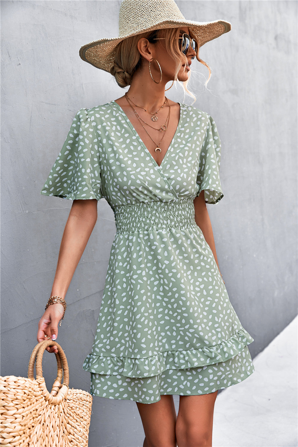 Printed Smocked Waist Layered Surplice Dress - The Downtown Dachshund