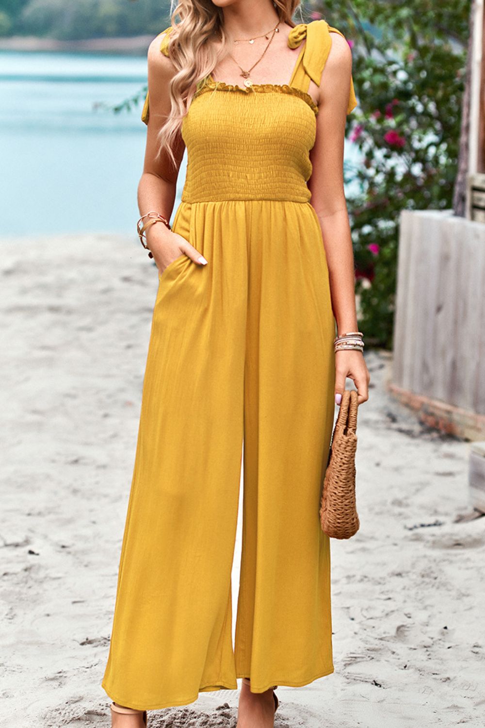 Frill Trim Tie Shoulder Wide Leg Jumpsuit with Pockets - The Downtown Dachshund