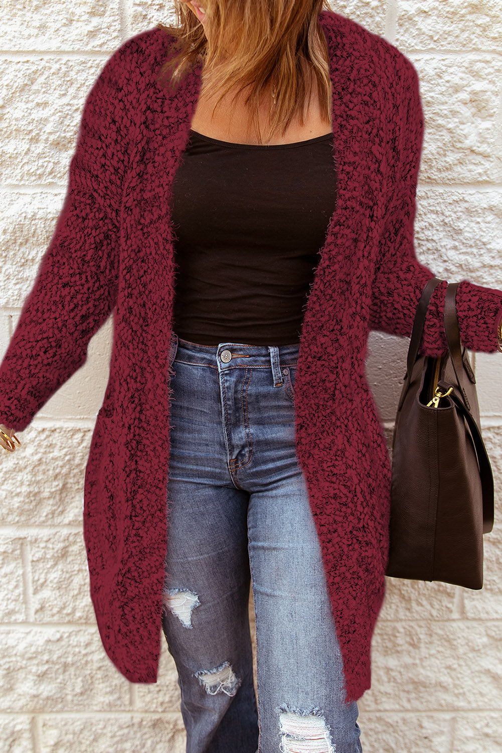 Fuzzy Popcorn Knit Open Front Longline Cardigan - The Downtown Dachshund