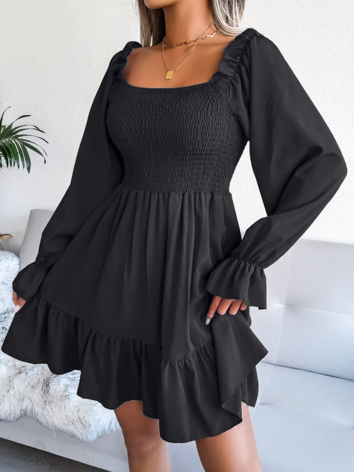 Smocked Flounce Sleeve Square Neck Dress - The Downtown Dachshund