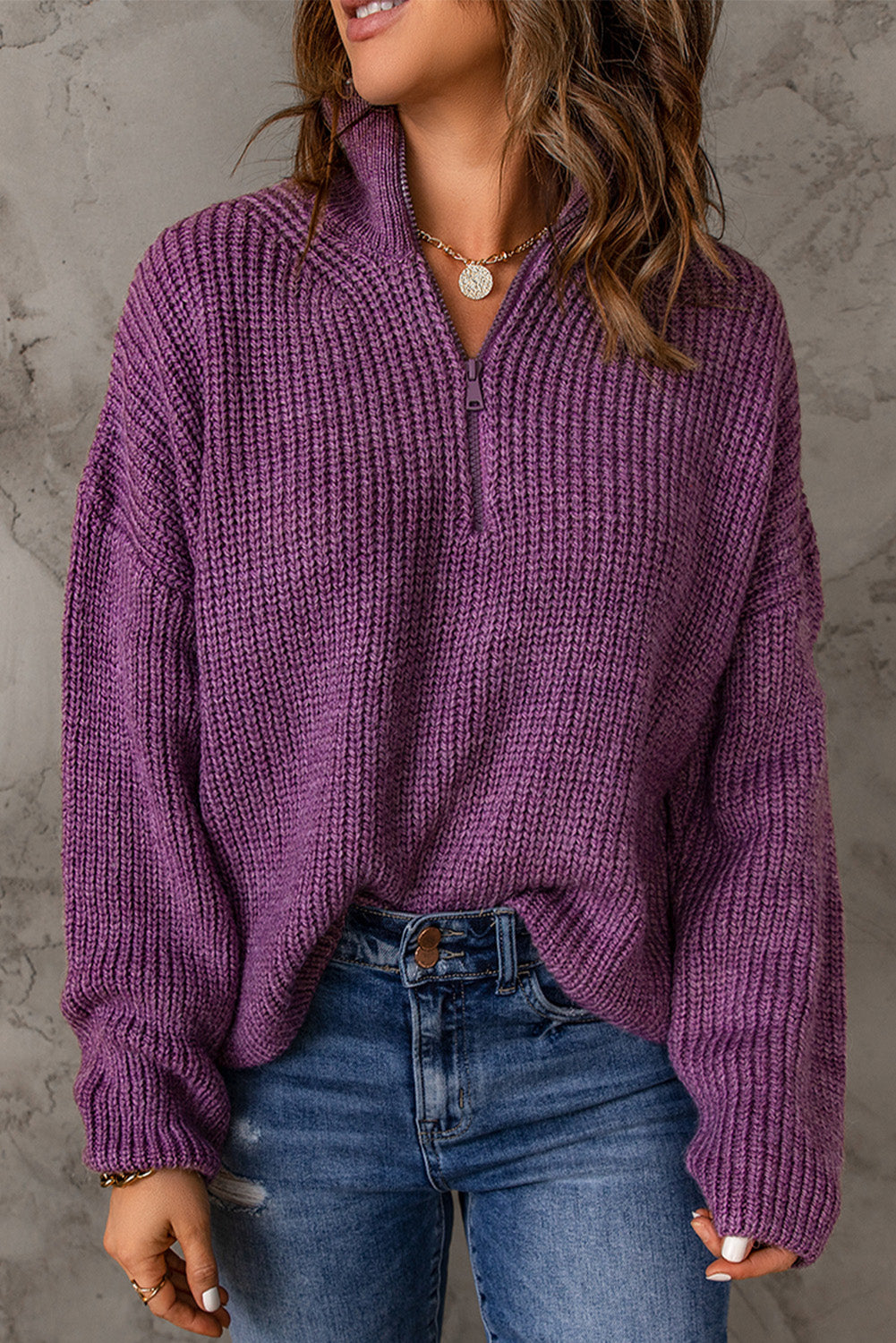 Half Zip Rib-Knit Dropped Shoulder Sweater - The Downtown Dachshund