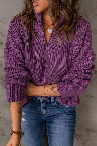 Half Zip Rib-Knit Dropped Shoulder Sweater - The Downtown Dachshund