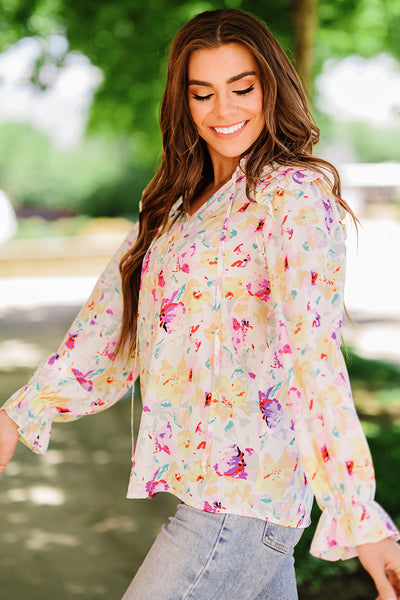 Floral Ruffle Shoulder Tie Neck Top - The Downtown Dachshund