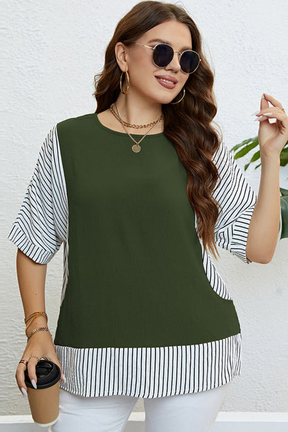 Plus Size Striped Round Neck Half Sleeve Top - The Downtown Dachshund