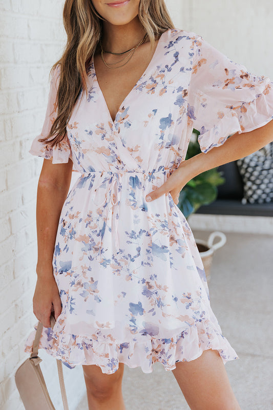 Floral Drawstring Waist Ruffled Surplice Dress - The Downtown Dachshund