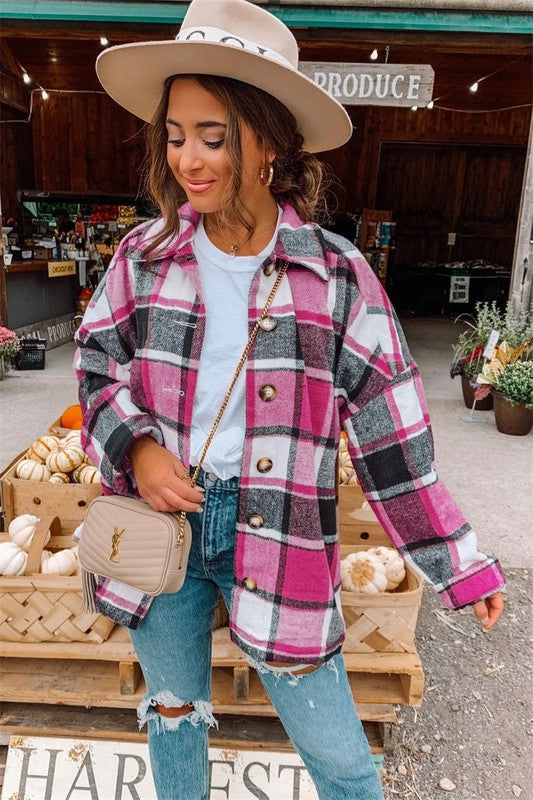 Oversized Flannel Fushia/White - The Downtown Dachshund